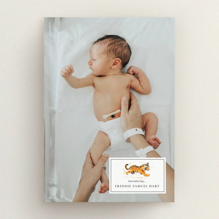 Personalised birth announcement card design featuring one baby photo.