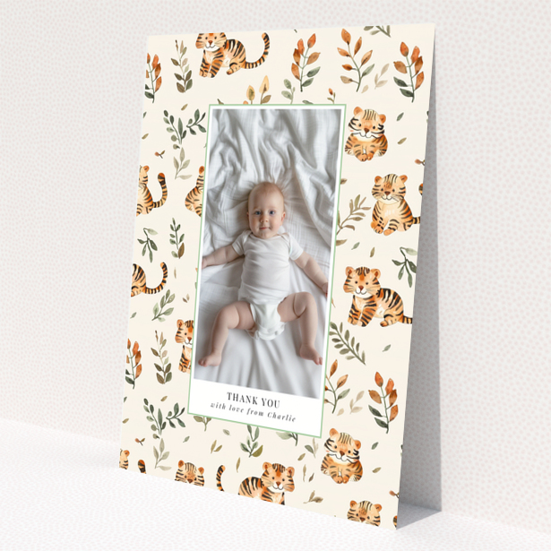 Baby thank you card with a single photo and tiger theme