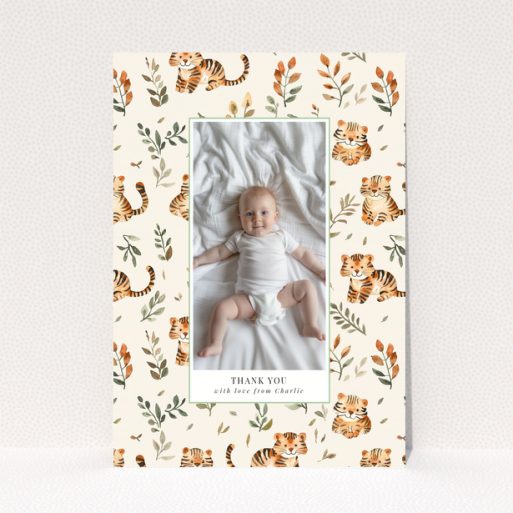Baby thank you card with a single photo and tiger theme
