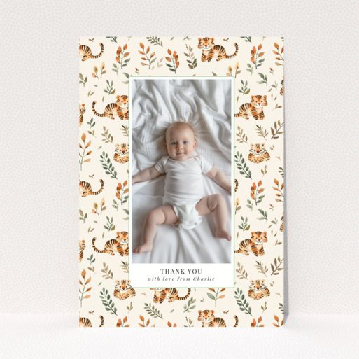 Baby thank you card with a single photo and tiger theme