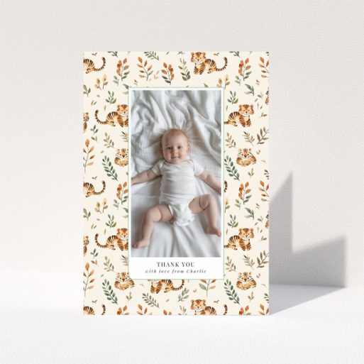 Baby thank you card with a single photo and tiger theme