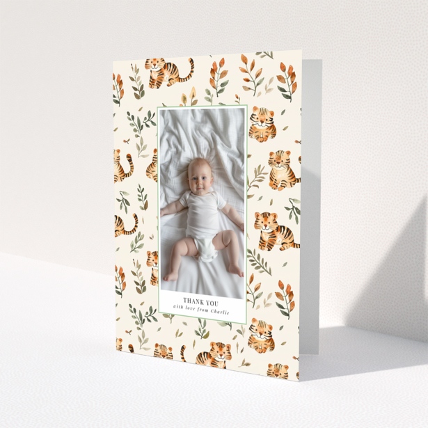 Baby thank you card with a single photo and tiger theme