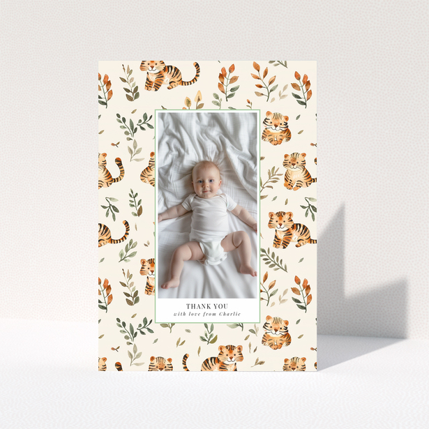 Baby thank you card with a single photo and tiger theme