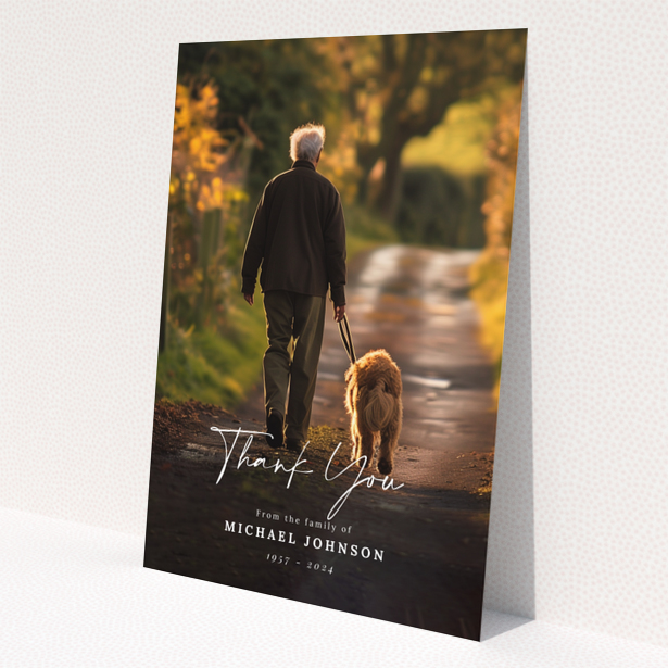 Funeral thank you card with one photo featuring a man walking a dog