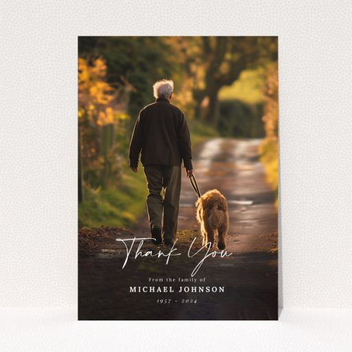 Funeral thank you card with one photo featuring a man walking a dog