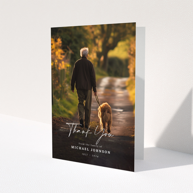 Funeral thank you card with one photo featuring a man walking a dog