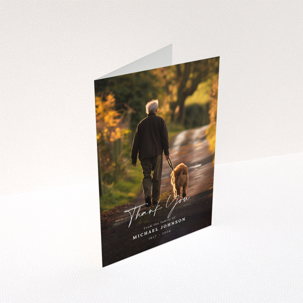 Funeral thank you card with one photo featuring a man walking a dog