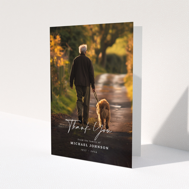 Funeral thank you card with one photo featuring a man walking a dog