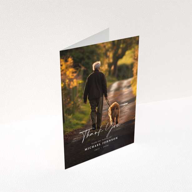 Funeral thank you card with one photo featuring a man walking a dog