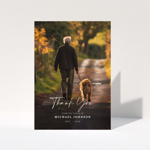 Funeral thank you card with one photo featuring a man walking a dog