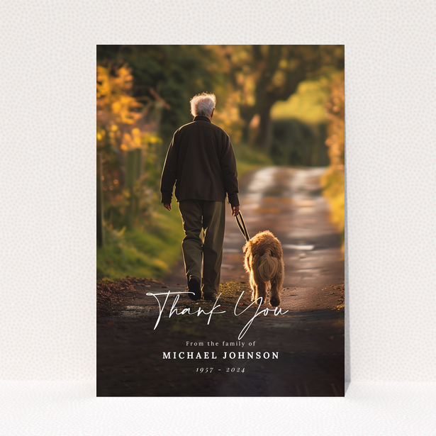 Funeral thank you card with one photo featuring a man walking a dog