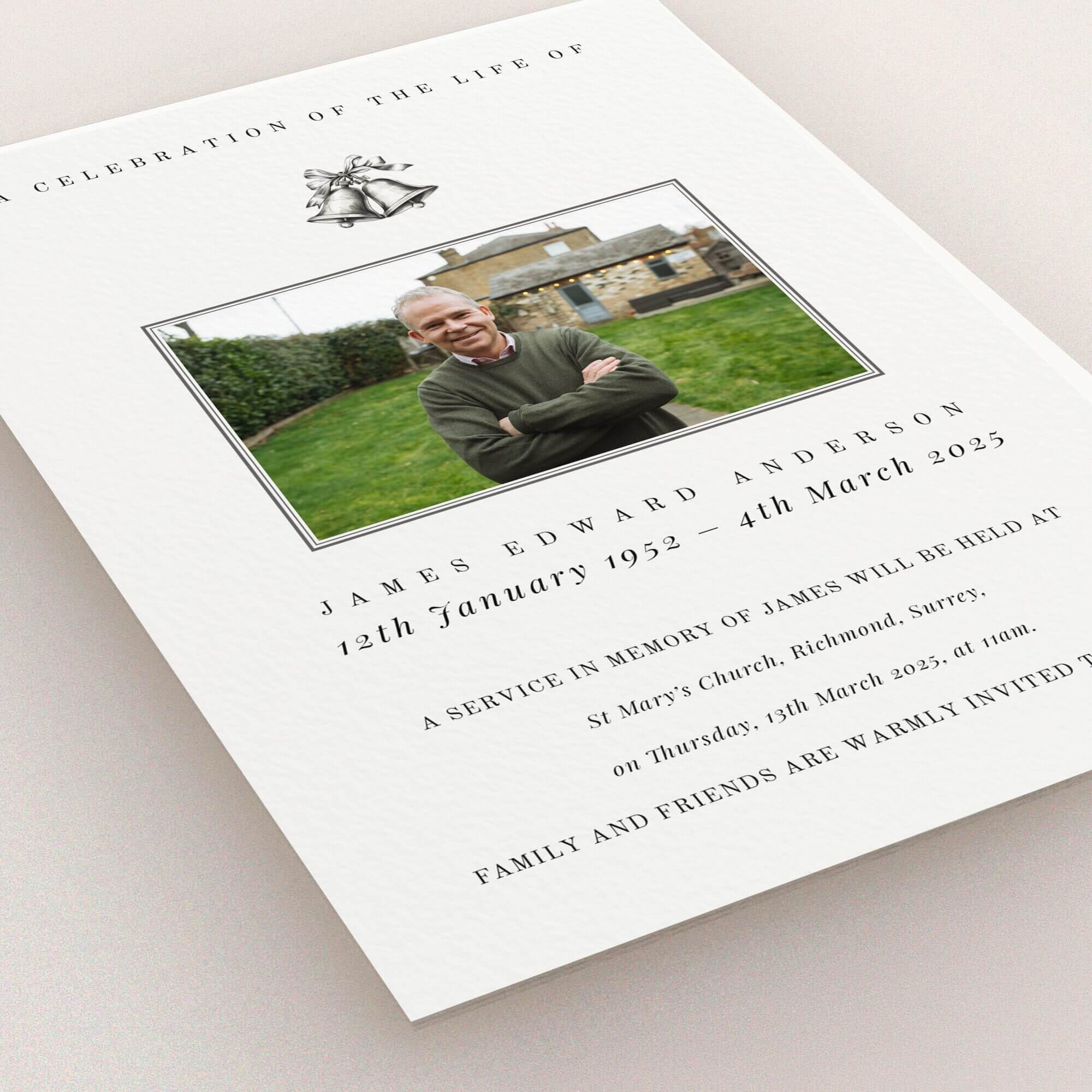Funeral announcement design with one photo, featuring a celebration of life theme.