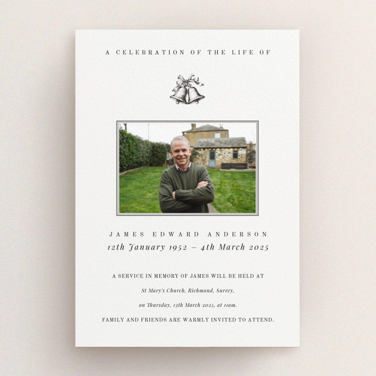 Funeral announcement design with one photo, featuring a celebration of life theme.