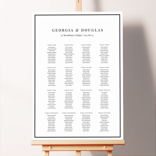 Timeless Black Border Seating Plan featuring a unique design with a thin black border and classic typeface, adding an elegant touch to your wedding celebration.. This template shows 16 tables.