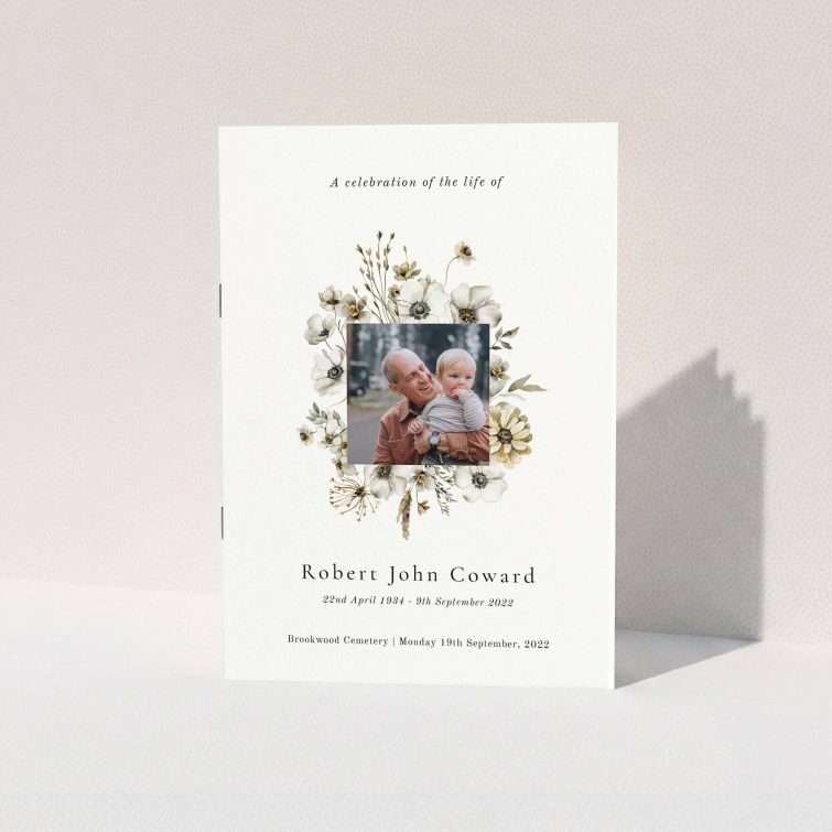 Funeral order of service program design with floral decoration and one photo.