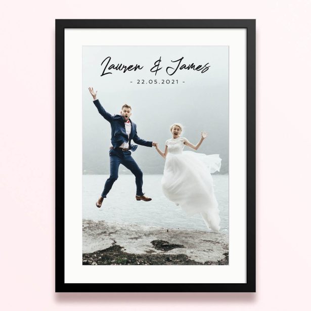 Framed and mounted photo print featuring one photo of a joyful couple on their wedding day.