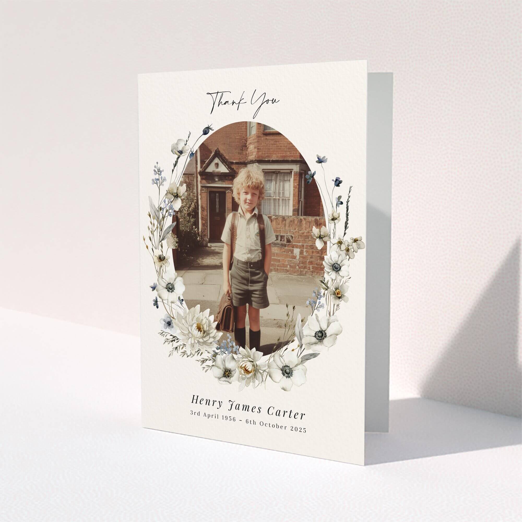 Floral funeral thank you card design with one photo placeholder for personal remembrance.