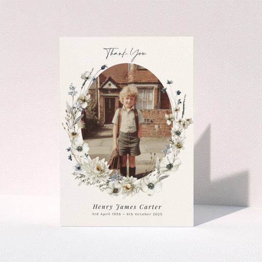 Floral Funeral Card Floral funeral thank you card design with one photo placeholder for personal remembrance.