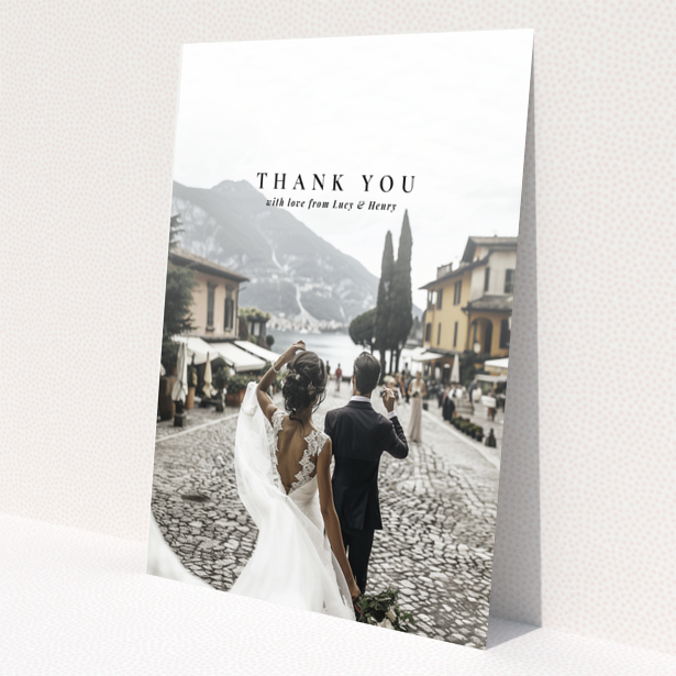 Wedding thank you card with one photo, featuring a couple walking away in a scenic location.