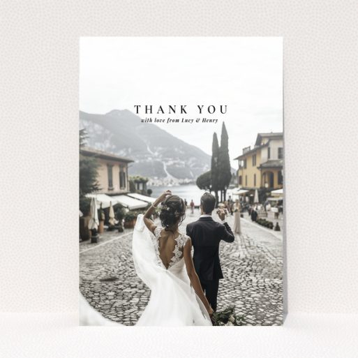 Wedding thank you card with one photo, featuring a couple walking away in a scenic location.