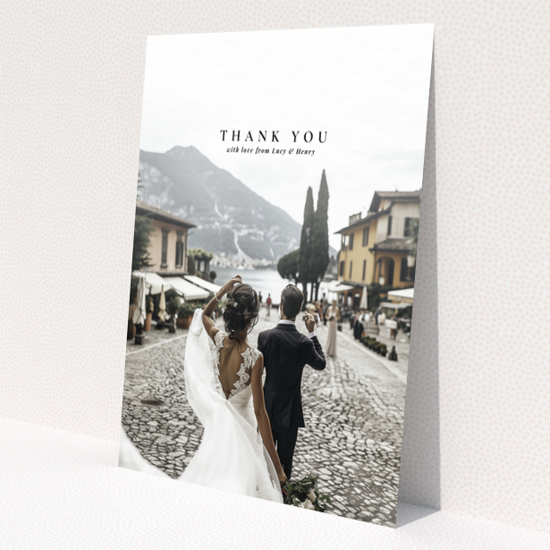 Wedding thank you card with one photo, featuring a couple walking away in a scenic location.