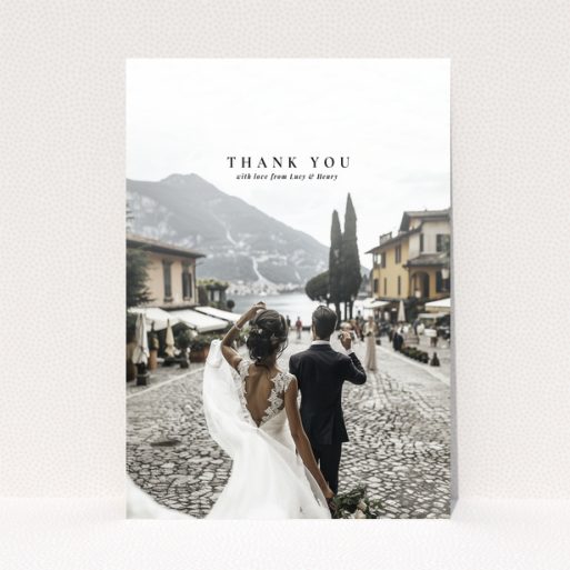 Wedding thank you card with one photo, featuring a couple walking away in a scenic location.