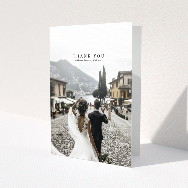 Wedding thank you card with one photo, featuring a couple walking away in a scenic location.