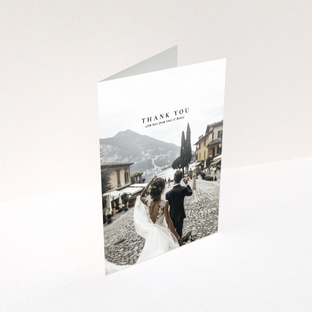 Wedding thank you card with one photo, featuring a couple walking away in a scenic location.