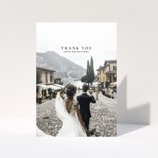 Wedding thank you card with one photo, featuring a couple walking away in a scenic location.