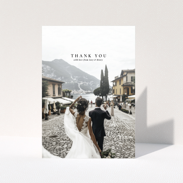 Wedding thank you card with one photo, featuring a couple walking away in a scenic location.