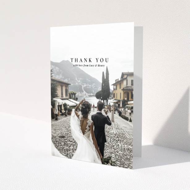 Wedding thank you card with one photo, featuring a couple walking away in a scenic location.