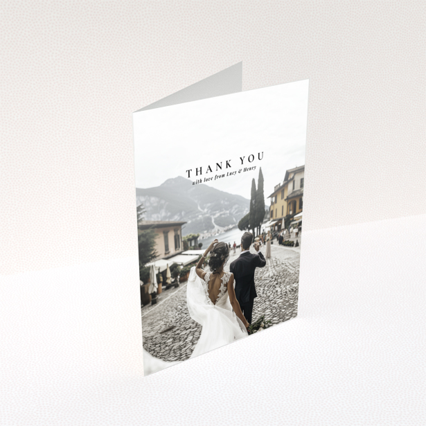 Wedding thank you card with one photo, featuring a couple walking away in a scenic location.