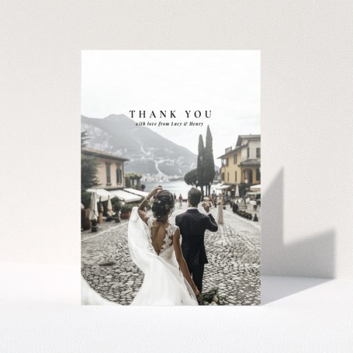 Wedding thank you card with one photo, featuring a couple walking away in a scenic location.