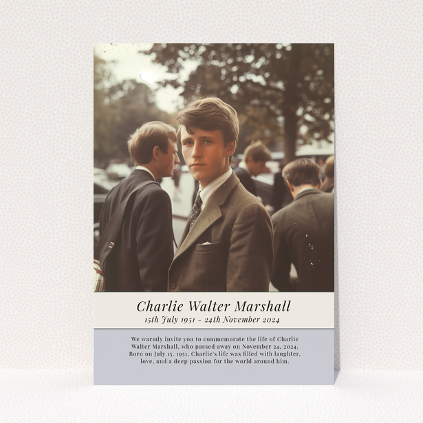 Funeral announcement card with one photograph for Charlie Walter Marshall's memorial service.