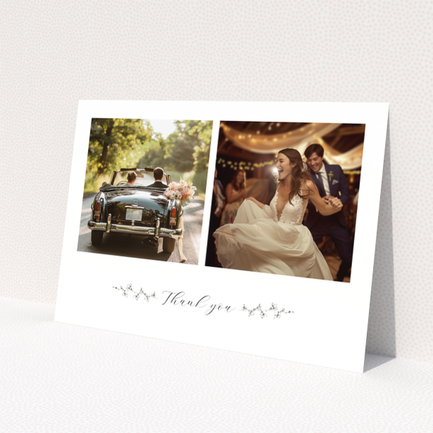 Wedding thank you card with two photos of a couple on their special day.