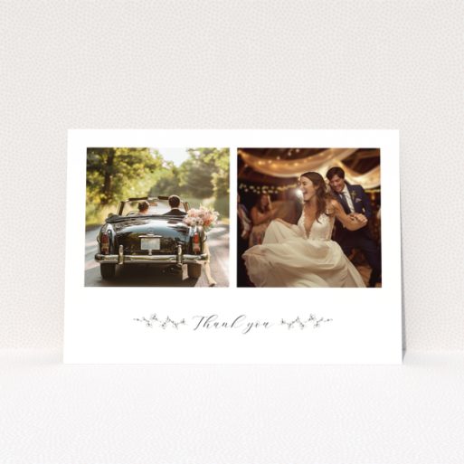 Wedding thank you card with two photos of a couple on their special day.