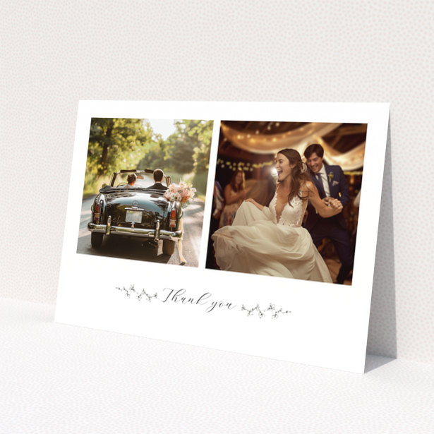 Wedding thank you card with two photos of a couple on their special day.