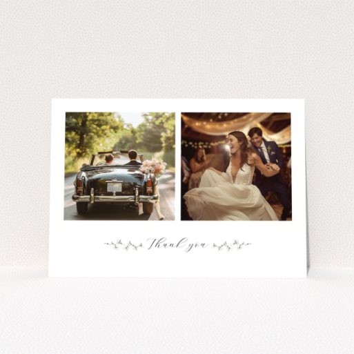 Wedding thank you card with two photos of a couple on their special day.