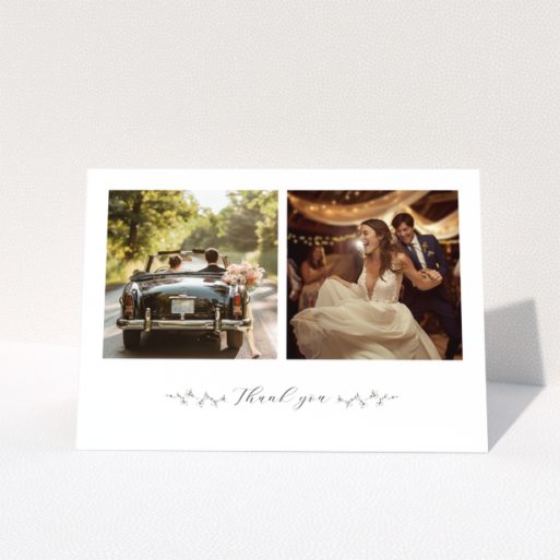 Wedding thank you card with two photos of a couple on their special day.