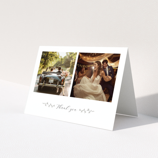 Wedding thank you card with two photos of a couple on their special day.