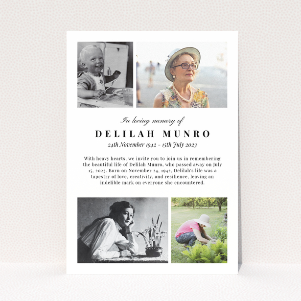 Funeral announcement design with four photos showcasing various stages of life