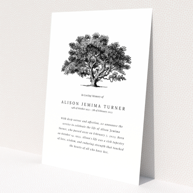 Funeral announcement design with an illustrated tree and no photos