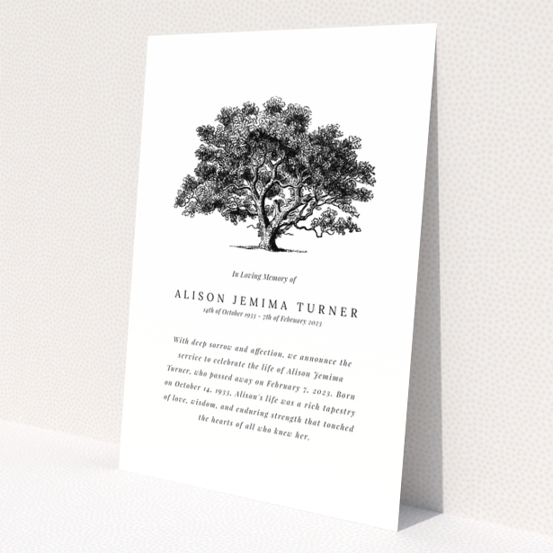 Funeral announcement design with an illustrated tree and no photos