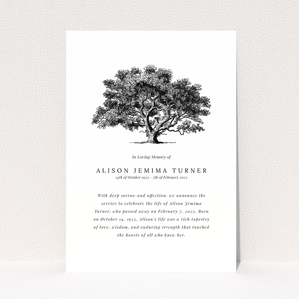 Funeral announcement design with an illustrated tree and no photos