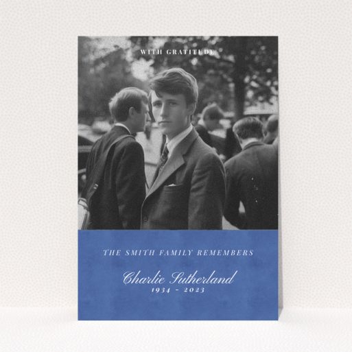 Funeral thank you card with black and white photo of a person in formal attire.