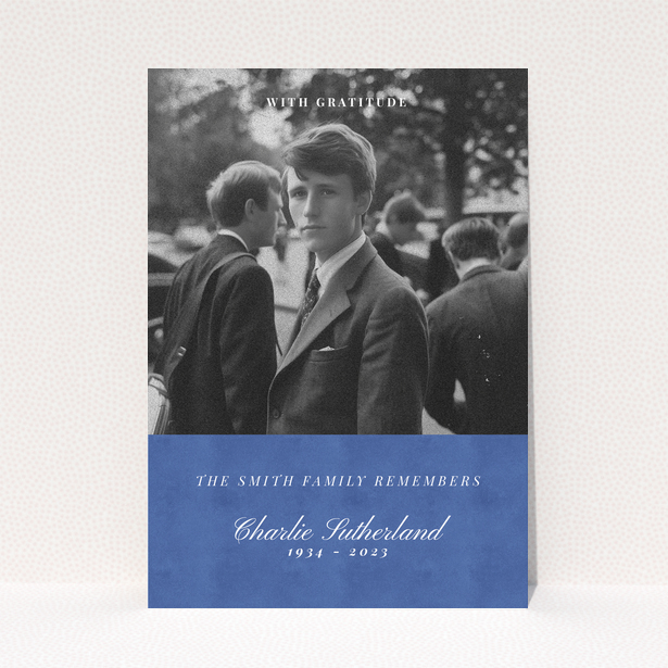 Funeral thank you card with black and white photo of a person in formal attire.