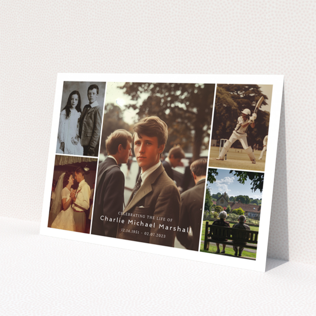 Funeral announcement design with six photos surrounding text.