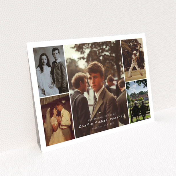 Funeral announcement design with six photos surrounding text.