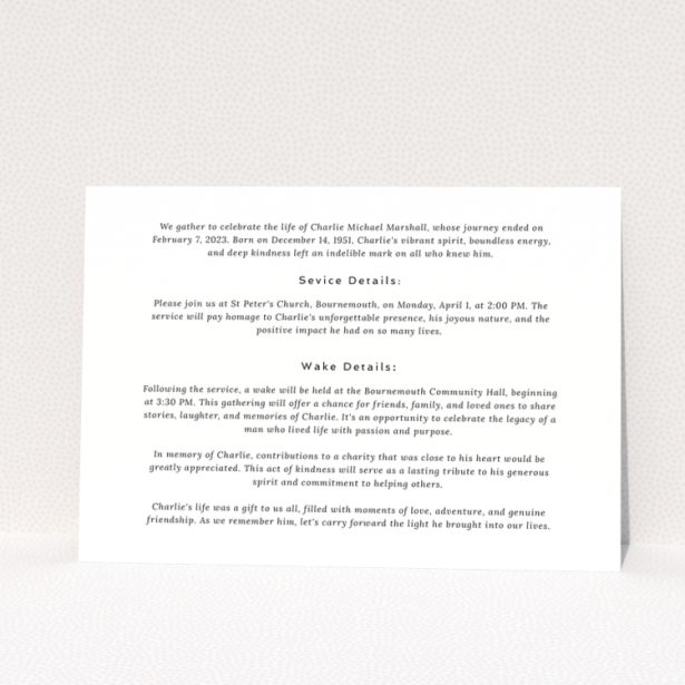 Funeral announcement design with six photos surrounding text.