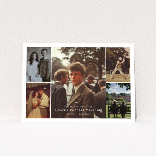 Funeral announcement design with six photos surrounding text.